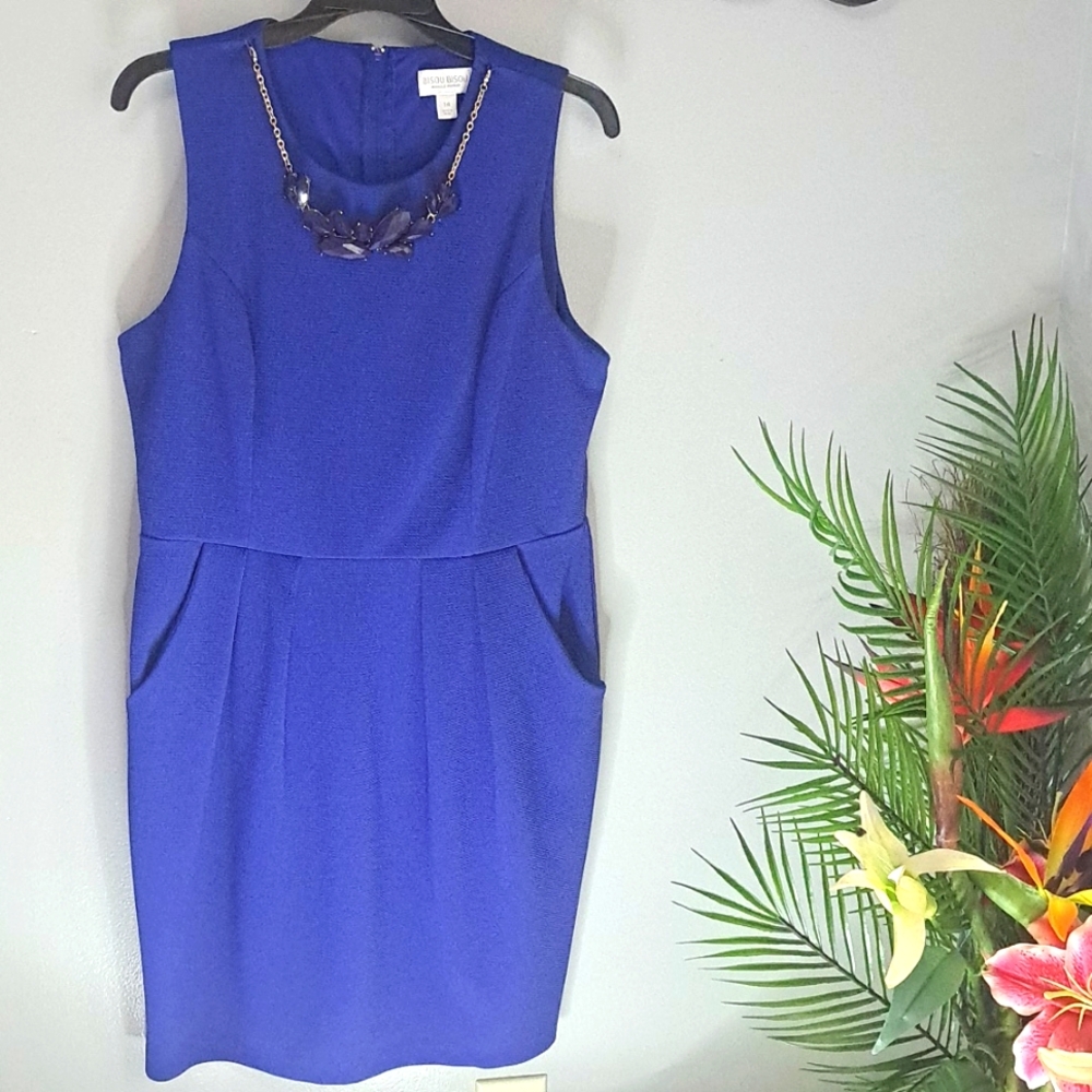 Biisou Bisou Blue Sheath Dress W Pockets & Necklace Size 14